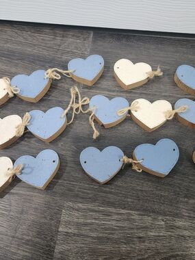 Handmade Wooden Heart Garland - Blue & Cream